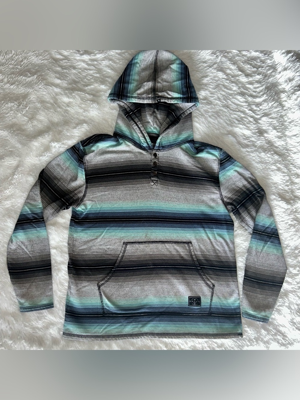 Rip Curl Striped Hooded Pullover in Teal, Gray, Black - Kids L